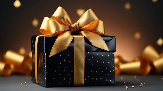 Foto confezione regalo scatola nera e gialla con un arco su uno sfondo semplice concept atmosfera festiva presentata
