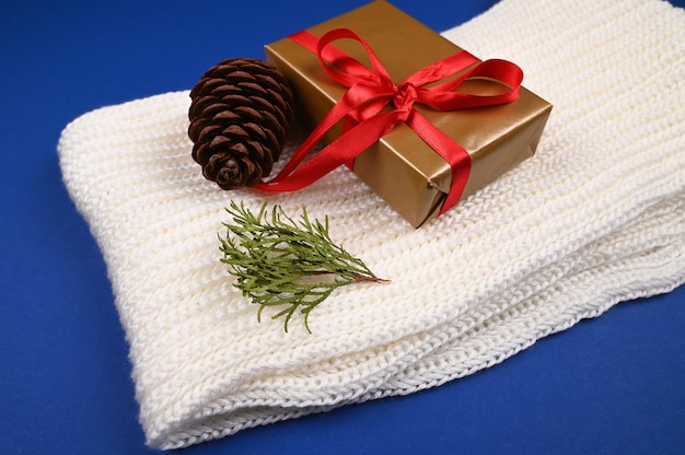 Gift wrap with a pine cone and herbs. High quality photo