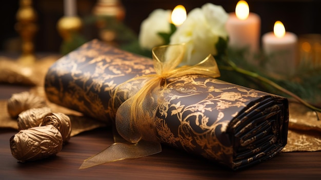 A Gift Wrapped in Black and Gold Wrapping Paper