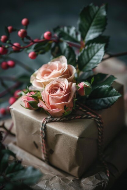 Photo gift wrapped in brown paper with pink roses perfect for special occasions