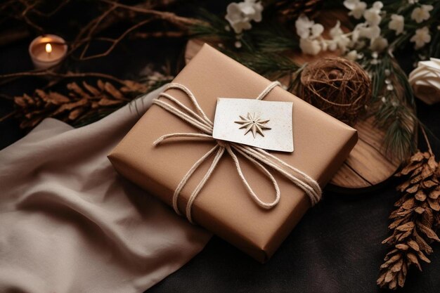 a gift wrapped in brown with a gold ribbon.