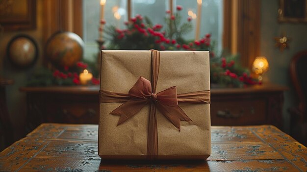 Photo a gift wrapped in butcher paper on a table