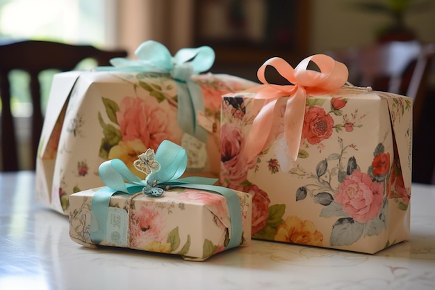 Photo a gift wrapped in a floral paper with a ribbon on it