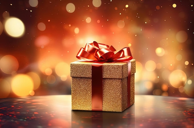 a gift wrapped in a gold box with a red ribbon in the style of bokeh panorama