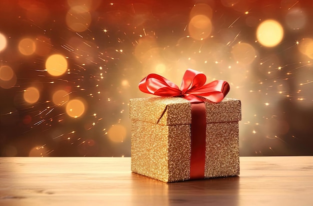 a gift wrapped in a gold box with a red ribbon in the style of bokeh panorama