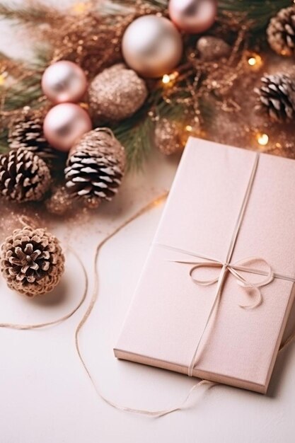 A gift wrapped in pink paper with a string and pine cones