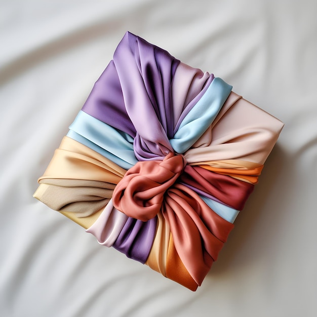 A gift wrapped in a purple, orange, and blue ribbon is wrapped in a gift wrap.