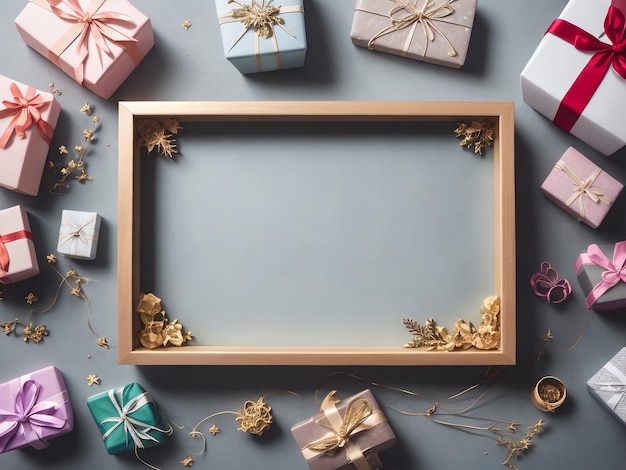 Gift wrapping concept Empty photo frame with gift boxes on sky blue background top view copy space