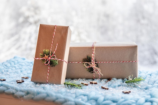 Gift wrapping with natural brown packing paper called sack\
kraft paper or sack paper. gifts.