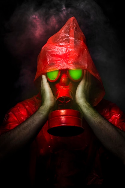 Giftig militair concept, man met rood gasmasker.