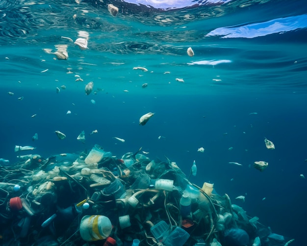 Giftig plastic afval dat onder water in de oceaan drijft Water Milieuvervuiling Plasticprobleem Afvalprobleem Strandvervuiling