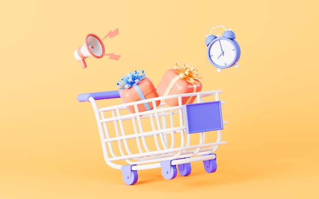 Gifts and alarm clock on the shopping cart 3d rendering