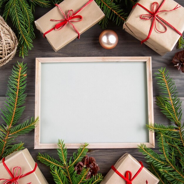 写真 プレゼントと杉の枝はフレームに囲まれています クリスマスカードのコンセプト空白 コピースペース