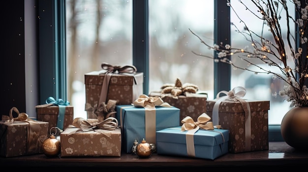 Gifts in anticipation on the windowsill surrounded by winter jewelry