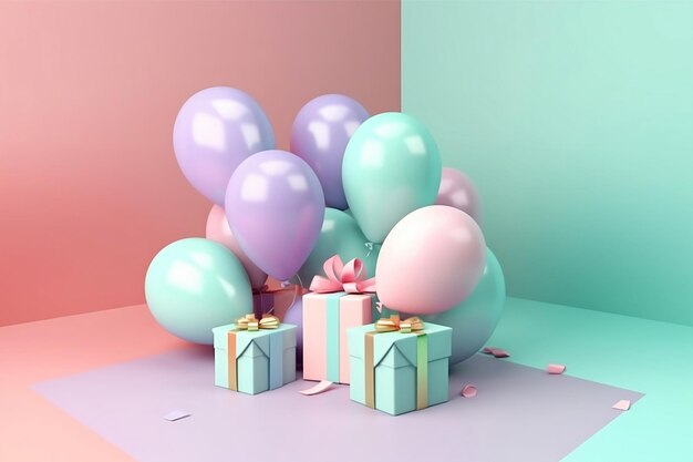 gifts and balloons on pastel colorful background