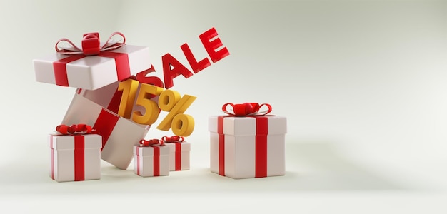 Gifts box with sale up to 15 discount promotion with copy space Christmas sale 3D render sale banner design