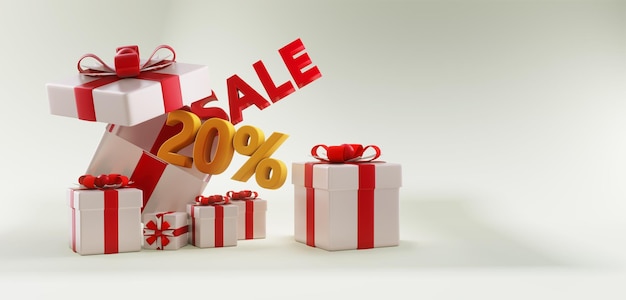 Gifts box with sale up to 20 discount promotion with copy space Christmas sale 3D render sale banner design