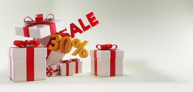 Gifts box with sale up to 30 discount promotion with copy space Christmas sale 3D render sale banner design