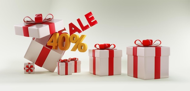 Gifts box with sale up to 40 discount promotion with copy space Christmas sale 3D render sale banner design