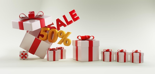 Gifts box with sale up to 50 discount promotion with copy space Christmas sale 3D render sale banner design