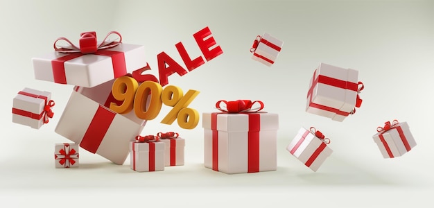 Gifts box with sale up to 90 discount promotion with copy space Christmas sale 3D render sale banner design