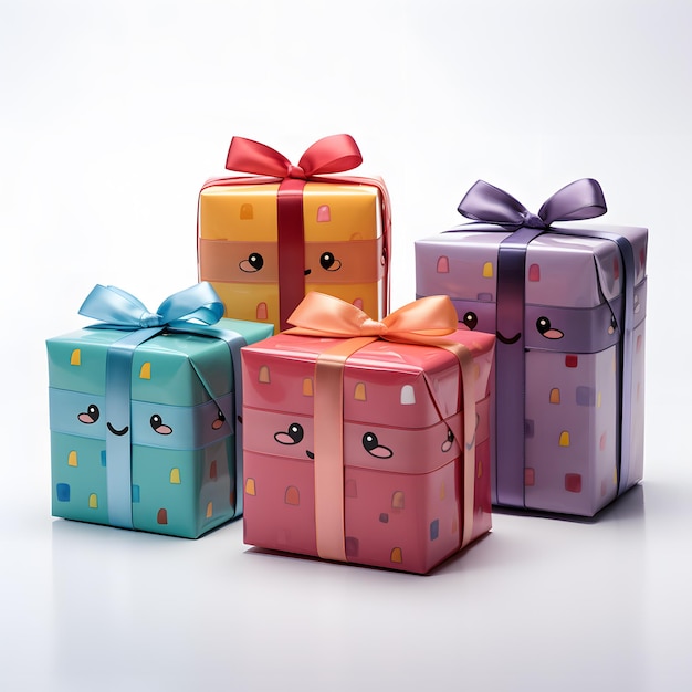 Подарочные коробки, завернутые в красочную бумагу с смайликами на белом фоне