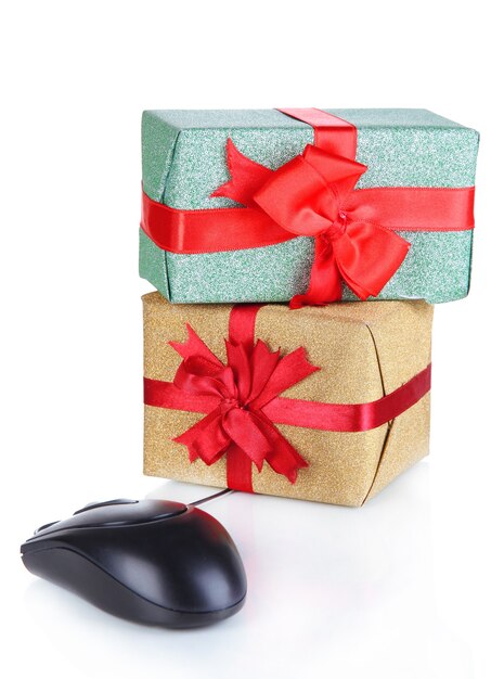 Gifts and computer mouse isolated on white