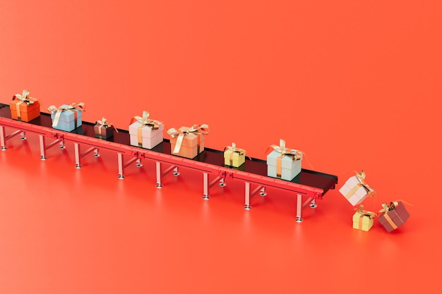 Gifts on conveyor belt on a red background 3d render