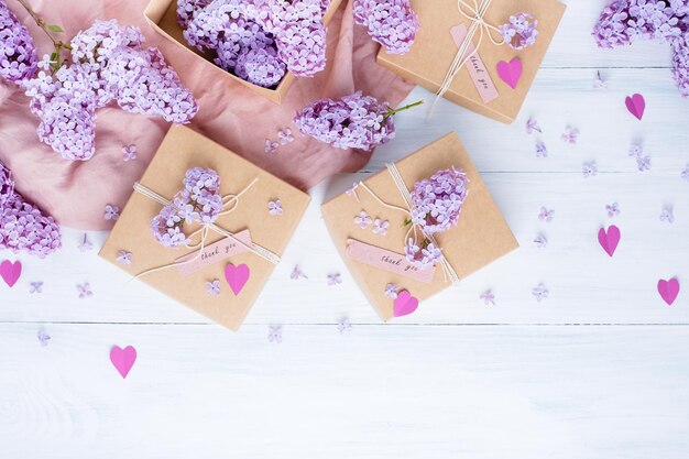 gifts decorated with lilac hearts with words of gratitude