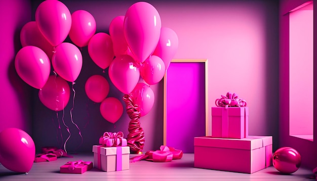 gifts and decorative red balloons on a red background Generative AI