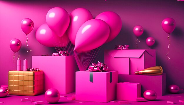 gifts and decorative red balloons on a red background Generative AI