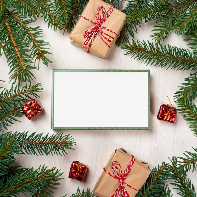 Photo gifts and fir branches are framed in a frame concept blank for a christmas card copy space