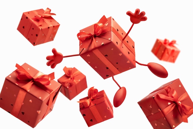 Gifts in flying boxes wrapped in red gift paper with a bow isolated The concept of holidays and gr