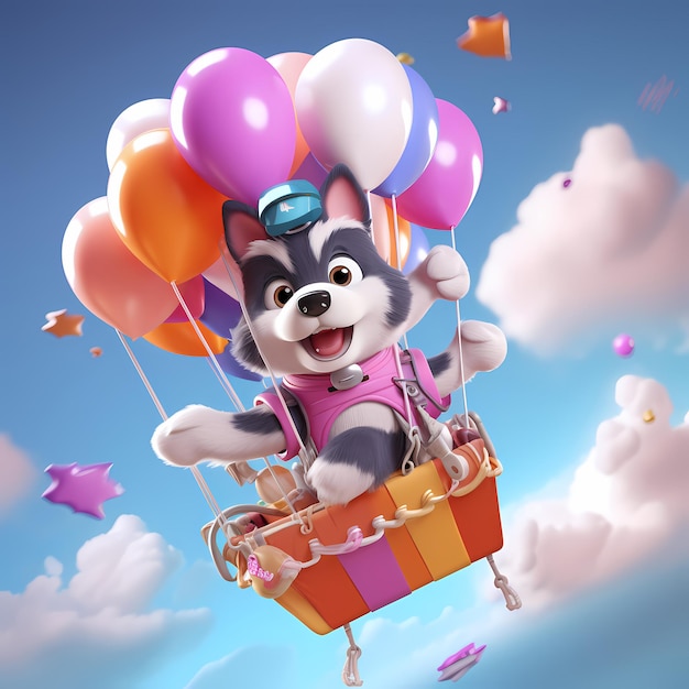 Gifts from Above 8K 3D Journey with a Boldly Designed Husky Soaring Under a Parachute