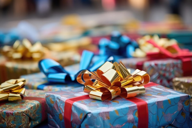 Подарки Изобилие красочной бумаги и бантов, дополняющих праздничную обстановку