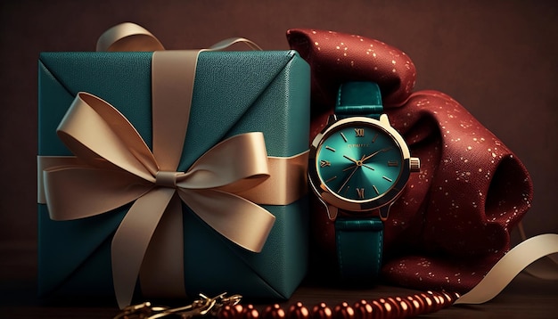Gifts items image with a watch, happy background