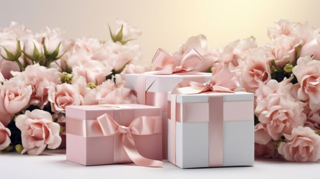 Gifts for March 8th Mothers day Pink Present boxes background copy space