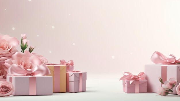 Gifts for March 8th Mothers day Pink Present boxes background copy space