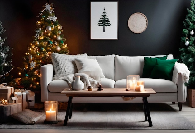 Gifts and new year tree in scandinavian style interior with christmas decoration AI generated