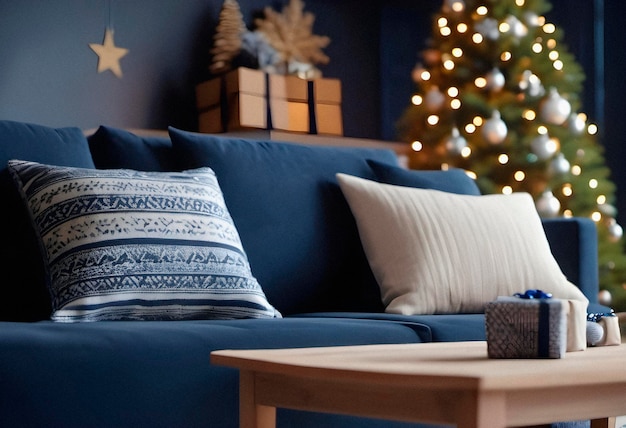 Gifts and new year tree in scandinavian style interior with christmas decoration AI generated