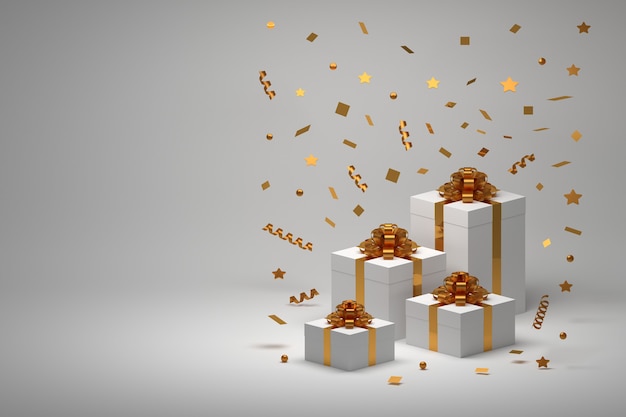 Gifts presents in boxes with golden bows and flying golden spiral confetti