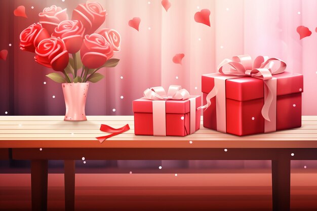 Gifts in red boxes for valentine's day red heart on a wooden table against the background of colorful bokeh