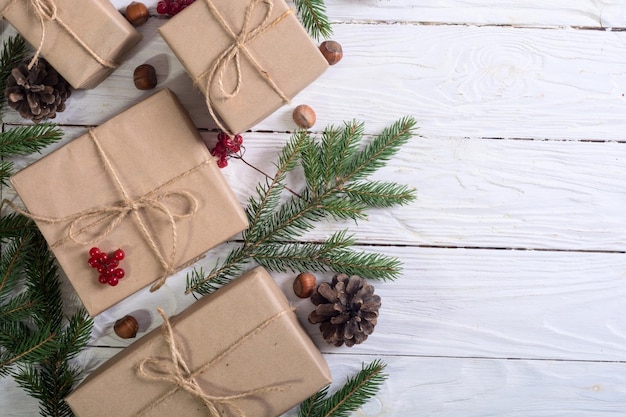 ギフト ガマズミ属のヘーゼル ナッツとクリスマス ツリーのクリスマス コンセプト