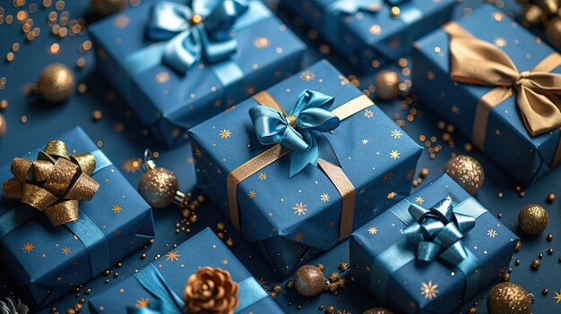 Gifts with gold bows and ribbons placed on a blue background near the stars