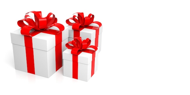 Gifts with red ribbons on white background 3d illustration