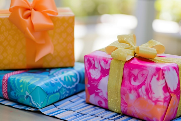 Photo gifts wrapped in bright paper with bows on a table