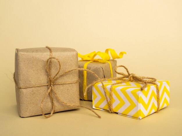 Gifts in yellow style on yellow.