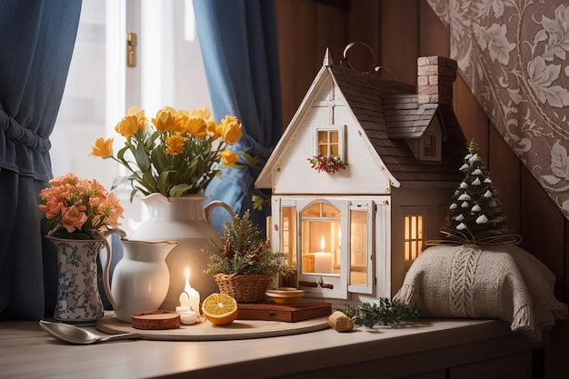 Фото Подарок натюрморт уютный дом с декоративными деталями в интерьере