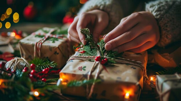 Giftwrapping hands closeup spreading joy during christmas holidays