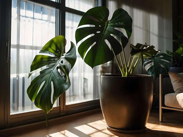 Гигантское растение Монстера в интерьере у окна с зеленью